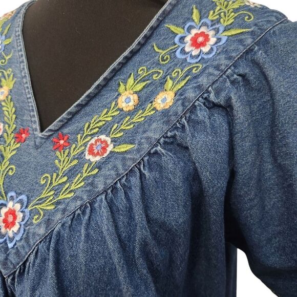Vermont Country Store Denim Dress Small Short Midi Embroidered Short Sleeve - Picture 10 of 11